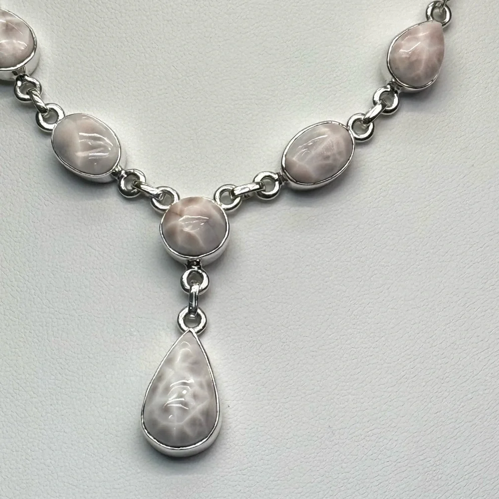 NLP1 Genuine Pink Larimar (Natrolite) Lariat Necklace Paperclip Necklace S925 - Picture 4 of 9